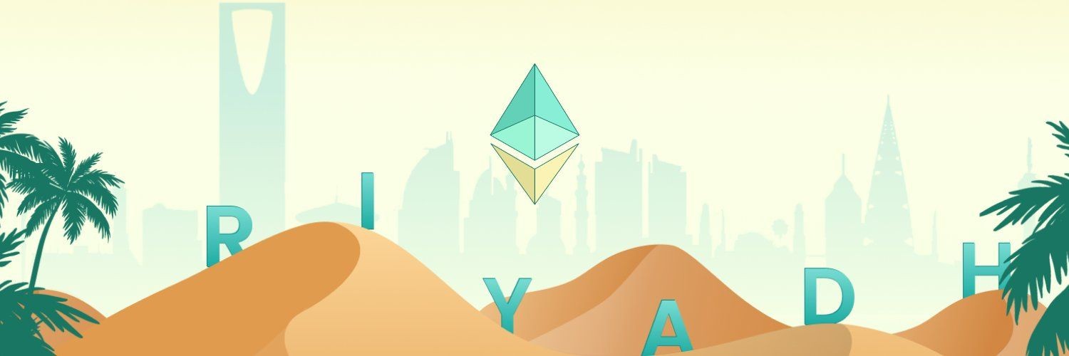 Stylized cityscape of Riyadh with desert dunes and a geometric emblem above skyline.